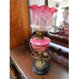 ANTIQUE LIGHTING, Edwardian cranberry glass shade oil lamp converted to electricity