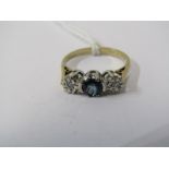 9ct YELLOW GOLD 3 STONE SAPPHIRE & DIAMOND RING, principal round brilliant cut sapphire of good
