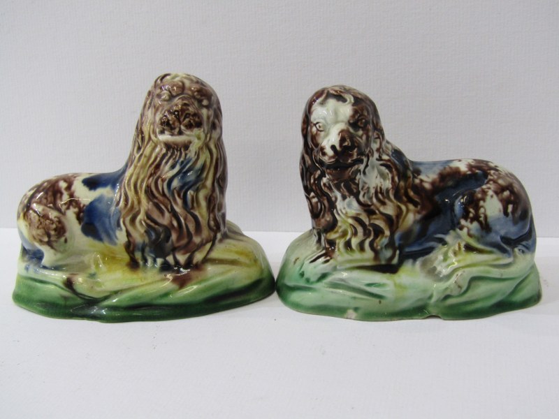 WHIELDON-TYPE LIONS, pair of slip glazed pottery resting lions, 3.5" width