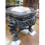 ORIENTAL FURNITURE, marble inset 6 lobed vase stand with pierced and carved tripod base, 12" height