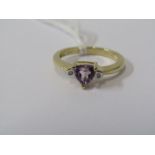 9CT YELLOW GOLD PALE AMETHYST & DIAMOND RING, trillion cut amethyst set with small diamond to each