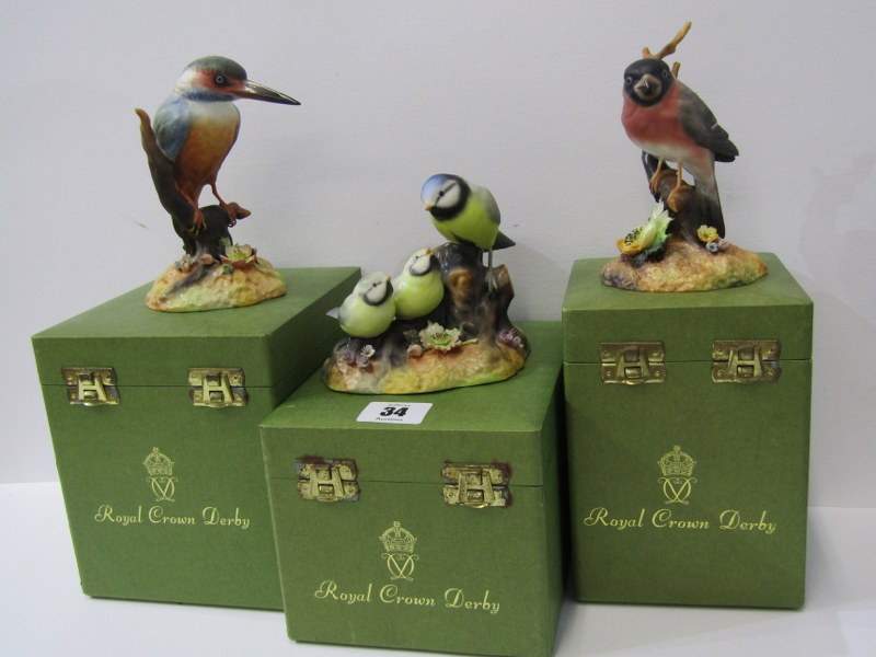 ROYAL CROWN DERBY BIRDS, three boxed figures of Blue Tit & Chicks, Bullfinch & Kingfisher