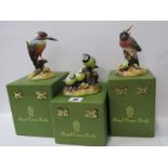ROYAL CROWN DERBY BIRDS, three boxed figures of Blue Tit & Chicks, Bullfinch & Kingfisher