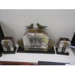 ART DECO, French coloured marble 3 piece clock garniture with bird cresting