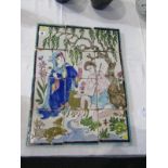 PERSIAN TILE PICTURE, 12 sectional tiles depicting "Legend of Boy & Woman with Animals at