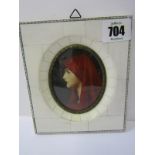 PORTRAIT MINIATURE, "Lady in Red Cloak" in piano key frame