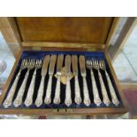 KINGS PATTERN FRUIT EATERS, oak cased set of 6 pairs of HM silver handled fish eaters