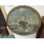 VICTORIAN TAPESTRY, 19th Century circular tapestry picture "Girl With Dog", 21" diameter