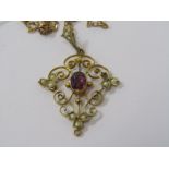 9ct YELLOW GOLD AMETHYST & SEED PEARL ART DECO DESIGN PENDANT on 9ct yellow gold chain