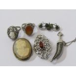 SILVER ITEMS, Including dagger lapel pin, 2 silver rings, amber brooch, silver 3 leaf clover,