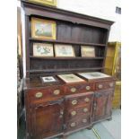 GEORGIAN OAK HIGH BACK DRESSER, oak breakfront with twin cupboard and central nest of 3 graduated