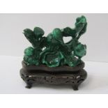 ORIENTAL MALACHITE SCULPTURE, bird group on carved hardwood stand, 5" width