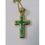 18CT YELLOW GOLD EMERALD CROSS, on 18ct yellow gold curb link necklace, superb quality 18ct yellow