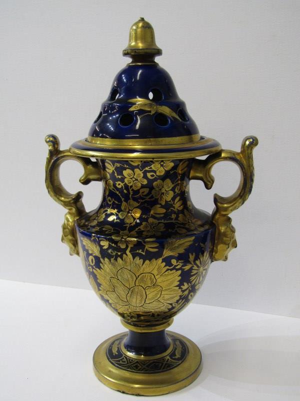 MASONS-STYLE, 19th Century gilded royal blue ground twin handled pedestal pot-pourri vase (some