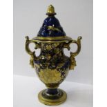MASONS-STYLE, 19th Century gilded royal blue ground twin handled pedestal pot-pourri vase (some