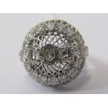 PLATINUM DIAMOND BOMBE CLUSTER RING, principle diamond measuring approx 0.85ct with graduated