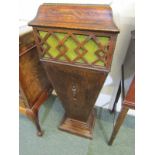NEEDLEWORK CABINET, oak tapering base pedestal needlework cabinet with fitted interior