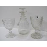 ANTIQUE GLASSWARE, late Regency triple banded neck decanter & stopper also two antique goblets