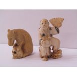 NETSUKE, two vintage carved ivory netsuke of "Man with Fan" & "Bear with Skull"