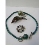 SILVER SET TURQUOISE NECKLACE, enamelled articulated fish, multi stone brooch, ball pendant, etc