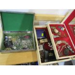 COSTUME JEWELLERY, pewtered covered jewellery box, containing various necklaces, pendants,