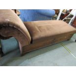 CHAISE LONGUE, brown upholstered scroll end chaise longue on oak base