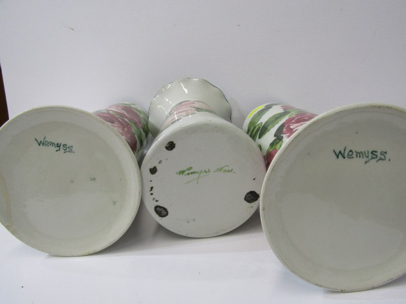 WEMYSS, pair of rose decorated 10" tapering cylindrical vases (one with base crack) together with - Image 4 of 8