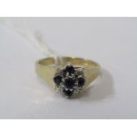 9CT YELLOW GOLD SAPPHIRE & DIAMOND CLUSTER RING, size K/L