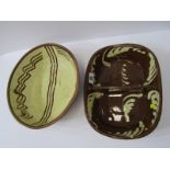 EARLY SLIPWARE, two 19th Century slip decorated baking dishes, one with twin section