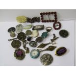 SELECTION COSTUME JEWELLERY, including buckles, enamelled case watch, buttons, etc