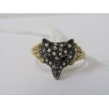 VINTAGE 18CT YELLOW GOLD DIAMOND & RUBY FOX HEAD RING, well modelled fox head set with rose cut