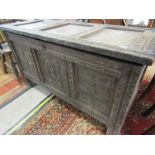 ANTIQUE OAK COFFER, triple panelled coffer with stylised foliate and diamond carved panels, 49"