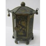 ORIENTAL METALWARE, a Japanese hexagonal shrine box, engraved scenes from legends, 6" height