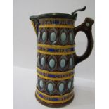 WEDGWOOD MAJOLICA, pewter lidded tapering 9" jug with applied rhyme "What Tho My Cates Be Poor"