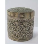 EASTERN SILVER, foliate embossed design lidded cylindrical jar, 3.5" height, 106 grams