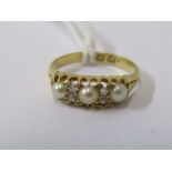 18ct YELLOW GOLD DIAMOND & PEARL RING, 3 cultured pearls each seperated by a pair of accent old