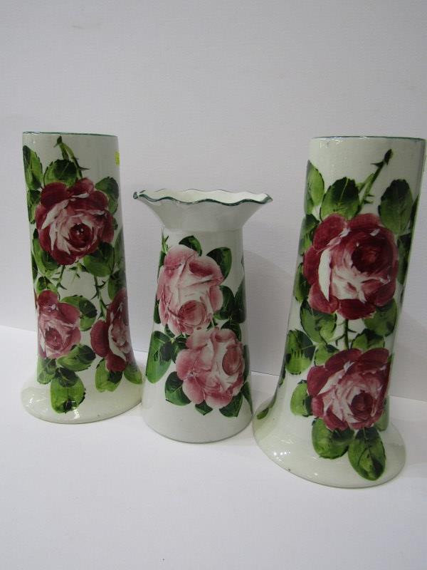 WEMYSS, pair of rose decorated 10" tapering cylindrical vases (one with base crack) together with