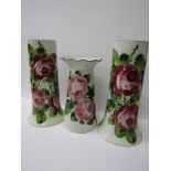 WEMYSS, pair of rose decorated 10" tapering cylindrical vases (one with base crack) together with