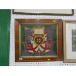 MARITIME, 19th Century nautical woolwork panel depicting photographic ship portrait & flags in maple