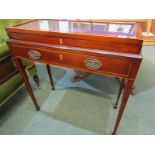 TREASURE TABLE, inlaid mahogany drawer base rectangular treasure table with tapering square