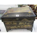ORIENTAL LACQUER, tabletop jewel casket with lift top lid & three base drawers, landscape & rickshaw