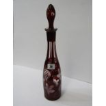 BOHEMIAN GLASSWARE, ruby cased narrow bodied decanter & stopper with vine design etching