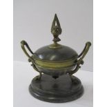 ANTIQUE INKWELL, European Empire design marble base circular inkwell with bird finial