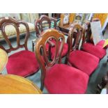 MAHOGANY DINING CHAIRS, Harlequin set of 6 mahogany trefoil backed dining chairs with claret