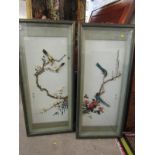 ORIENTAL ART, pair of framed feather and shell collages, "Birds", 27" x 12"