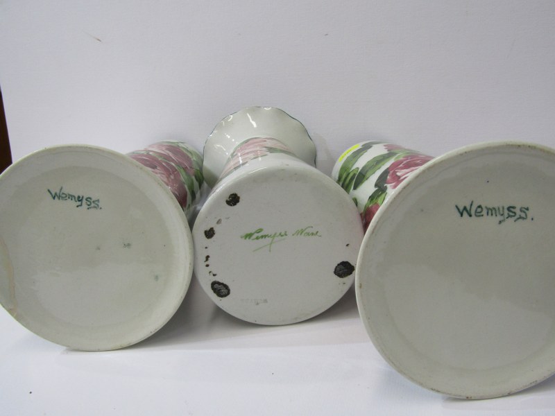 WEMYSS, pair of rose decorated 10" tapering cylindrical vases (one with base crack) together with - Image 3 of 8