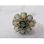 9CT YELLOW GOLD OPEL, EMERALD & DIAMOND CLUSTER RING, central Opel surrounded by a halo of small