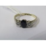 9ct GOLD & PLATINUM 3 STONE SAPPHIRE & DIAMOND RING, principal oval cut sapphire of good deep blue