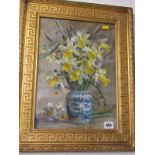 19th CENTURY ENGLISH SCHOOL, watercolour "Daffodils in an Oriental Vase", 14.5" x 10.5"