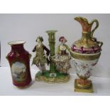 CONTINENTAL PORCELAIN, figure base candlestick af also 19th Century ewer jug & cerise ground